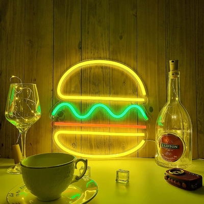 Cartão de luz de neon personalizado para hambúrguer para bar de fast food Bistro Cantina abre na janela