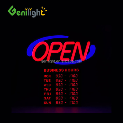 Signo de abertura de neon acrílico LED com horas 12V Voltagem de entrada Design fácil e elegante 54x52cm