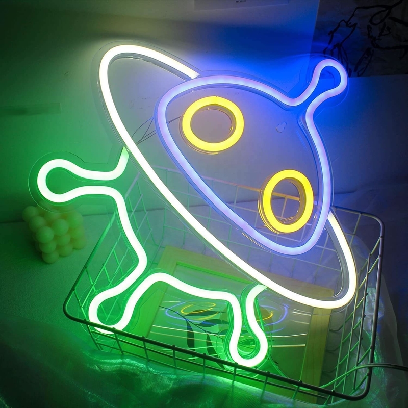 Sinais de neon acrílicos de naves espaciais personalizados para decoração de parede e luz noturna LED UFO